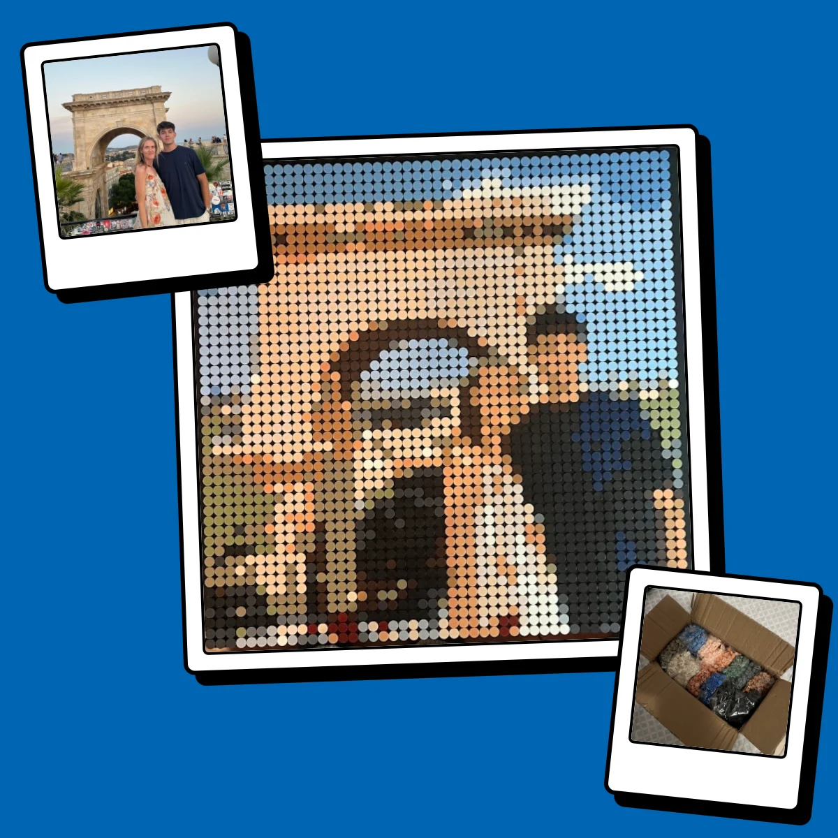 Mosaico de piezas redondas montado, junto a la foto original y la caja de piezas